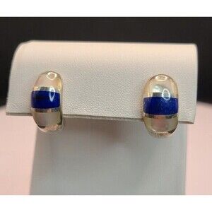 CNA Sterling Silver Lapis & Mother Of Pearl Huggie Earrings 925 .5" Long